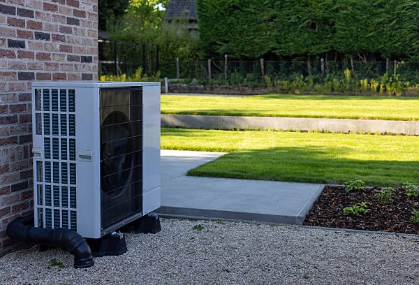 Quiet outdoor aeir-water heat pump unit near lush green garden and brick wall in the summer.